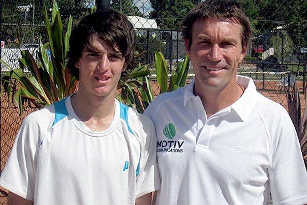 Mark Richards (left) is congratulated by Pat Cash after winning the Gallipoli Youth Cup