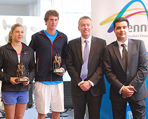 (L-R) Gallipoli Youth Cup defending champions Ellen Perez and Harry Bourchier, Tennis Australia Director of Tennis Craig Tiley and GYC Tournament Founder Umit Oraloglu at the launch of the 2013 event; Tennis Australia