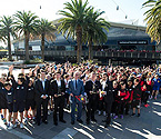 Attending the launch of the 2015 Gallipoli Youth Cup 'School Commemoration Program' at Melbourne Park were (L-R) GYC Tournament Director Francis Soyer, Senior advisor to the Member for Broadmeadows Ridvan Kilic, RSL Victoria CEO Michael Annett, Member for Broadmeadows Frank McGuire and GYC Founding Director Umit Oraloglu. (Photo: Elizabeth Xue-Bai)