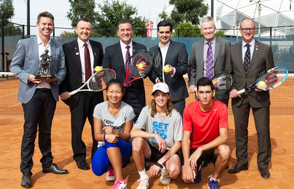 Attending the launch of the 2015 Gallipoli Youth Cup at Melbourne Park were (back row, L-R) Todd Woodbridge, GYC Ambassador Oscar Yildiz, Victorian Minister for Sport Hon John Eren, GYC founder Umit Oraloglu, Tennis Australia CEO Craig Tiley, RSL Victoria CEO Michael Annett and (front row, L-R) competitors Jeanette Lin, Matthew Romios and Ismail Bagdas. (Photo: Elizabeth Xue-Bai)