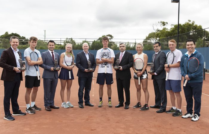 Grand Slam champion Todd Woodbridge, Jack Loutit (NZ), Bekir Kilic ( Principal Partner – CEO of PRO IT), Taylah Preston, Jamie Twidale (RSL Vic CEO), Cooper White, Eser Torun (Consul General for the Republic of Turkey),  Vivian Yang (NZ), Umit Oraloglu (Gallipoli Youth Cup founder), Edward Winter and Francis Soyer (Tournament Director) at the Gallipoli Youth Cup launch. Picture: Fiona Hamilton, Tennis Australia